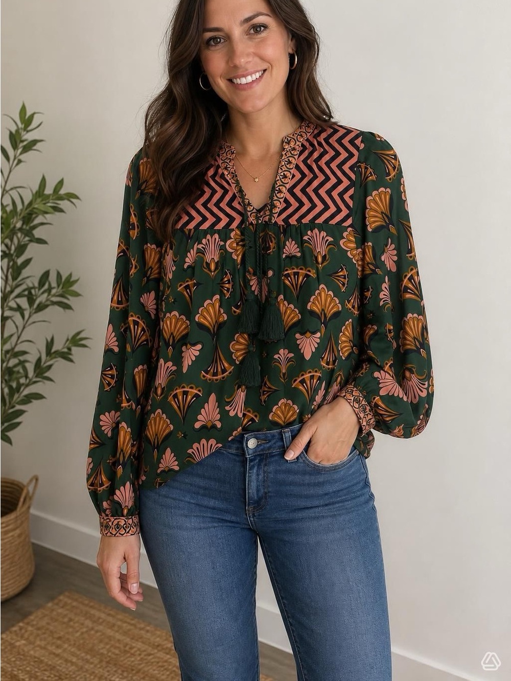 Printfresh Women's Green Floral Tassel Peasant Blouse NWT SZ M